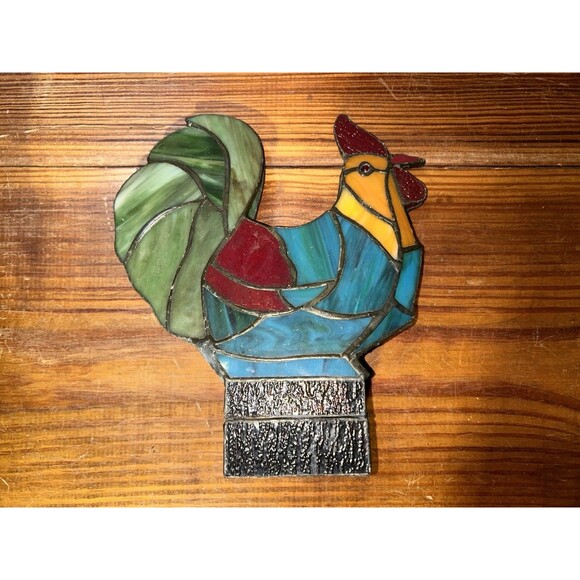 STAINED GLASS ROOSTER TEALIGHT CANDLE LAMP VINTAGE NON -ELECTRIC - Picture 2 of 9